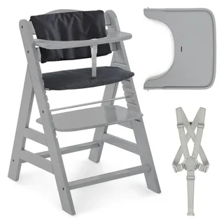 Hauck 3-tlg. Alpha Plus Sparset - Hochstuhl + Essbrett Wooden Tray + Sitzkissen Deluxe in Melange Charcoal - Grey
