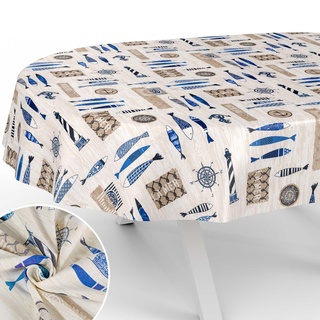 Stoff Tischdecke Tischwäsche Textil Tischtuch Baumwolle Polyester Gewebe abwaschbar pflegeleicht, in rund oval eckig Maritim Oval 180x140cm Schnittkante