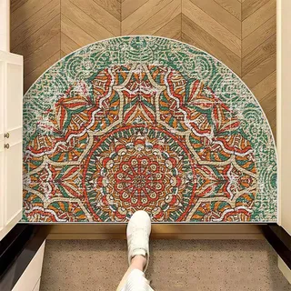 Homxi Outdoor Teppich 80 x 120 cm Halbrund, Flickenteppich Polyester, Mandala Muster, Teppich Wohnzimmer Grün Orange