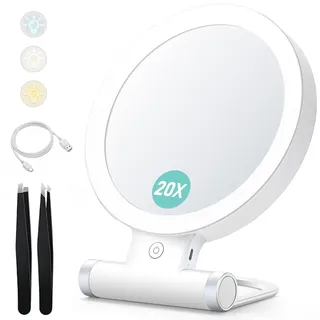 B Beauty Planet 20X/1X Kosmetikspiegel mit Beleuchtung | 2000mAh Akku, Doppelseitiger Tischspiegel, 3-Farben-Licht, Wand, Klappbar – Für Zuhause & Reisen
