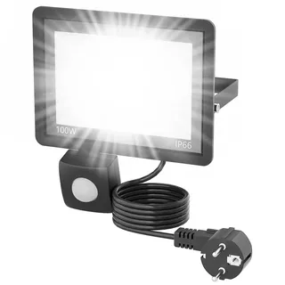 Suusolny 100W LED Strahler mit Bewegungsmelder Außenstrahler Kaltweiß IP66 Wasserdicht Fluter Superhell Außenleuchte Scheinwerfer Außenbeleuchtung mit 1.5m Stecker für Garten Garage Haus Innenhöfe