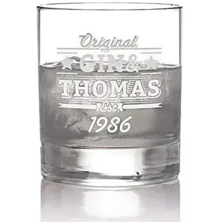 AMAVEL Ginglas mit Gravur, Personalisiert mit Namen und Jahreszahl, Tumbler, Gin & Tonic, Füllmenge: 320 ml, Trinkglas für Gin