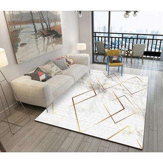 Outdoor-QJ Groessen Moderner Wohnzimmer Teppich Hauptdekoration rutschfest Pflegeleicht Gold zeichnet weißes geometrisches Muster 160x230CM