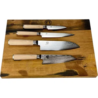 Palatina Werkstatt ® exklusives KAI Shun Classic White Messer-Set | 4 ultrascharfe Profimesser aus Damaststahl | + großes Fassholzbrett, 40x30 cm | VK: 716,- €