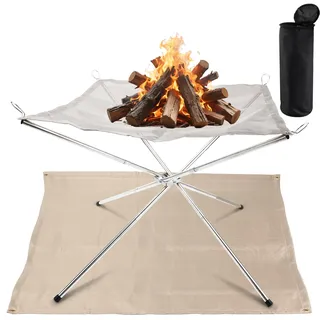 AROMUJOY Feuerschale Faltbar, 56cm Feuerstelle Edelstahlgeflecht, Feuerstelle Grill mit Feuer Pit Mat und Tragetasche, Grill-Feuerschale für Outdoor-Camping, BBQ, Picknick, Garten, Patio, Terrasse