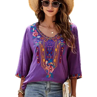 drakloak Bluse Stickerei Damen Boho Bestickte Oberteile Tunika Folklore Hippie Blusen Blumenmuster Oberteil Kurzarm Lose Tops(328 PP 2XL) - XXL