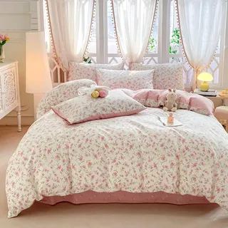 Covebett Bettwäsche 135x200 Weiß mit Rosa Blümchen Kleine Blumen Botanisch Muster Wendebettwäsche Set Aesthetic Blüten Blumenwiese Pflanzenmuster Bettbezug Reißverschluss und Kissenbezug 80x80cm