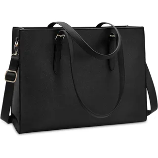 Laptoptasche für Damen Wasserdicht Leicht Leder 15,6 Zoll Computer Bürotasche Große Kapazität Büro Aktentasche Umhängetasche Professionelle Büro Arbeitstasche Schwarz, Schwarz, Large - L