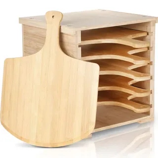 Nuogo 7-teiliges Pizzaschaufelgestell aus Holz, Bambusbretter, Set enthält 6 Stück 30,5 cm Pizzaschieber Ständer zum Backen, Servieren, Brot, Kuchen, Obst, Küchenöfenzubehör