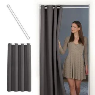 tinycurtains, Thermo Türvorhang mit Teleskopstange, einfache Montage in nur 1 Minute ohne Bohren (Türgardine grau H195 x B150 cm + Stange weiß B55-90 cm)