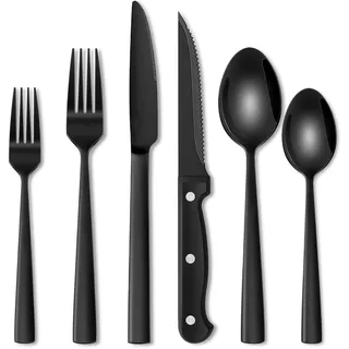 Terlulu 36 teiliges Edelstahl Besteckset mit Steakmesser Schwarz, Besteck Set 6 Personen, Elegantes Essbesteck Set mit Messer Gabel Löffel, Tafelbesteck für Haus/Party/Restaurant, Spülmaschinenfest