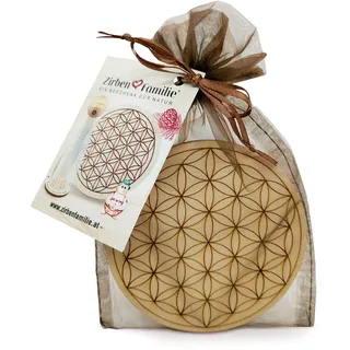 Zirben Familie ZirbenFamilie Karaffen-Untersetzer Blume des Lebens 110 mm • Duftender Ablageteller aus ZirbenHolz • EIN Produkt der ZirbenFamilie - bekannt aus dem Fachhandel & der Hotellerie