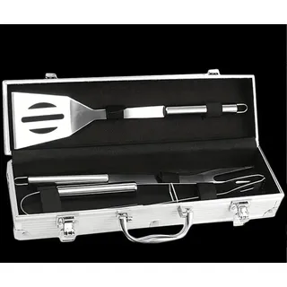 Alu Grillkoffer 3-fach mit  Edelstahl Grillbesteck Outdoor Grillset  NEU OVP