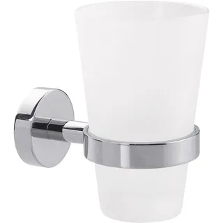 tesa SMOOZ Zahnputzbecher mit Halterung - Becher aus satiniertem Glas, verchromte Wandhalterung - zur Wandbefestigung ohne Bohren, inkl. Klebelösung - 80mm x 125mm x 115mm