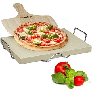 Relaxdays Pizzastein Set 3 cm Stärke mit Metallhalter und Pizzaschieber aus Holz HBT: 38x 30x 3cm rechteckiger Brotbackstein für Pizza und Flammkuchen mit Pizzaschaufel für Pizzaofen, natur