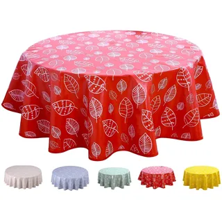 Home Direct Wachstuch Tischdecke Abwaschbar 160cm Blätter (Rund 160cm, Rot)