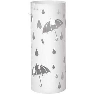 SONGMICS Regenschirmständer aus Metall, runder Schirmständer, Wasserauffangschale herausnehmbar, mit Haken, 49 x Ø 19,5 cm, weiß LUC23W