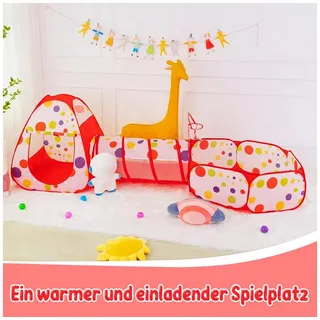MOPUEA Spielzelt Kinder Pop Up Spielzelt Set mit Tunnel und Bällebad faltbar (Kinder Spielzelt Set mit Pop Up Zelt Tunnel und Bällebad, Pop Up Kinder Spielset faltbar für Innen und Außen geeignet) Pop Up faltbar leicht tragbar fördert Bewegung und Fantasie rot