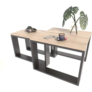 2er Set Couchtisch Loft Sonoma Eiche Schwarz Modern Rund Beistelltisch
