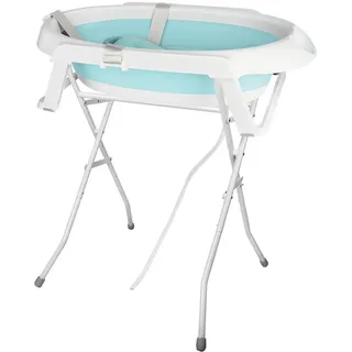 Babybadewanne mit Ständer 84,5 cm, Babybadewanne auf Fuß, sicher und bequem, faltbare Babywanne mit Thermometer und Badewannenkissen – 63 x 60 x 84,5 cm, grün
