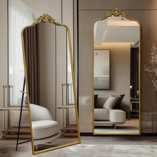 G-LEAF Barock Ganzkörperspiegel Gold 76x190 cm, Großer Standspiegel mit Perlenrand & Geschnitzter Krone, Bogenspiegel mit Verstellbarem Ständer, Wandspiegel Ankleidezimmer