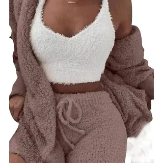 DIVAND Damen Casual 3-Teiliges Set Fluffy Plüsch Pyjama Langarm Samt Kapuzenjacke Mantel + Shorts + Crop Top Mode Winter Warm Halten Trainingsanzug