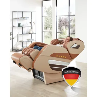 WELCON Dynamite Massagesessel elektrisch Beige-Braun – Luxus Massagestuhl mit Shiatsu Ganzkörpermassage, 128-Punkte Körperscan für Nacken, Schulter, Rücken, Beine & Füße