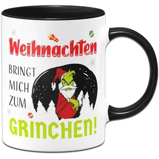 Tassenbrennerei Grinch Tasse - Weihnachten bringt mich zum Grinchen! - Weihnachtstasse mit Spruch lustig - Kaffeetasse, Bürotasse (Schwarz)