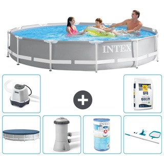 Intex Pool mit rundem Prismenrahmen – 366 x 76 cm – Grau – im Lieferumfang enthalten Abdeckung - Filterpumpe für Schwimmbad - Filter - Reini...