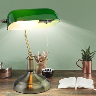 Bankerlampe Glas verstellbar Tischleuchte Retro grün Schreibtischleuchte Zugschalter, Metall, 1x E27 Fassung, LxBxH 26x18x36 cm