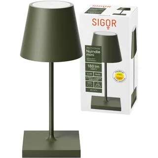 SIGOR Nuindie Mini - Dimmbare kleine LED Akku-Tischlampe Indoor & Outdoor, IP54 spritzwassergeschützt, Höhe 25 cm, aufladbar mit Easy-Connect, 12 h Leuchtdauer, Tannengrün
