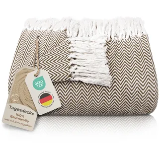 Gräfenstayn Premium Tagesdecke mit Fransen - 100% Baumwolle - 150 x 200 cm - Fischgrätenmuster Sommerdecke - Baumwolldecke als Bett-Überwurf, Couch-Überwurf, Sofa-Decke (Braun)