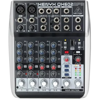 Behringer XENYX QX602MP3 Premium 6-Input 2-Bus Mixer mit XENYX Mic Preamps, British EQ, MP3 Player und Multi-FX