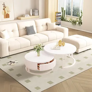 Runder Couchtisch Weiss 2er Set Marmor Couchtisch Rund Mit Stauraum 50+70cm Satztische Fürs Wohnzimmer Modern Couch Tisch Wohnzimmer Weiß Couchtische Holz Schublade Stabiler Metallrahmen