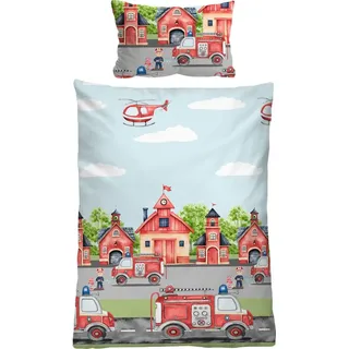 Biberna Kinderbettwäsche Kinder-Bettwäsche, Baumwolle, Feinbiber Motiv: Feuerwehr bunt