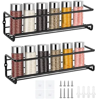 Dulynva 2er Set Gewürzregal Wand Ohne Bohren Schwarz Gewürzregal Hängend mit Selbstklebende und Schrauben gewürzregal Schranktür Metall Gewürzhalter Wandregal für Küche (29 x 6,4 x 6 cm)