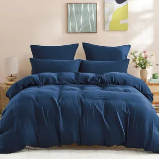 WONGS BEDDING Musselin Bettwäsche 135x200 Navy Blau mit 80x80 Kissenbezug | 2 Teilig Bettwäsche 1er Set mit 1 Kissenbezug 80x80 Falten Bettbezug Bügelfrei aus Weiche Mikrofaser mit Reißverschluss