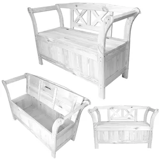 KADAX Gartenbank, 119x45x73 cm Banktruhe aus Einer Holzfaserplatte, Sitzbank mit Stauraum und Rücklehne, Holzbank für Garten, Balkon (119 cm/Weiß)