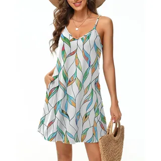 Tanmolo Damen Sommer Kleid Rmellos Kurz Strandkleid Spaghettitrger Knielangen Freizeitkleid 3XL bunt - 3XL