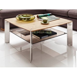 MCA furniture Couchtisch »Nelia« (Wohnzimmer Tisch quadratisch, 80x80 cm, Tischbeine Edelstahl), Asteiche massiv, mit Ablage aus Glas, bronziert beige