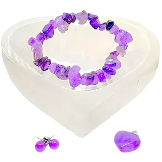 Steinfixx® Schmuckset Amethyst Schmuckset mit hochwertiger Selenit Herzschale 10cm (4 teiliges Set, 4-tlg., Selenit und Amethyst), ein wundervolles Geschenk aus der Natur