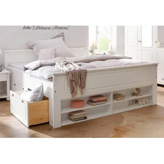 OTTO home Massivholzbett Tessin, Stauraumbett, Landhausstil, Schubladen optional, rustikal (Breite/Belastbarkeit 180cm/220 KG, 140cm/180 KG), zertifizierte Kiefer, Kassetten-Optik, stabile Qualität weiß 190 cm x 207 cm x 85 cm
