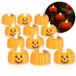 com-four® 12x LED Teelichter Halloween - flackernde Teelichter in Kürbisform - batteriebetriebene LED-Kerzen - Stimmungsbeleuchtung für Kürbisse (Set orange Kürbislichter - 12 Stück)
