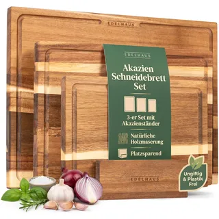 EDELHAUS Schneidebrett Holz 3er Set Holzschneidebrett aus Massiver Akazie | 2cm Dicke Schneidbretter ohne Mikroplastik - Holzbretter Küche mit Saftrille (40x30 / 33x24 / 26x18cm) Designer Cutting Board