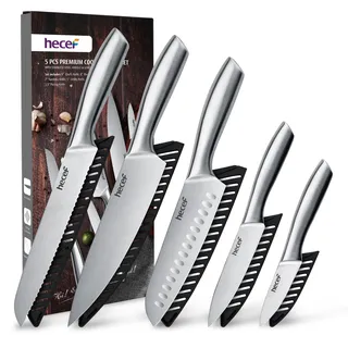 hecef Messerset 5 Teilig, Profi Küchenmesser Set aus Edelstahl, Silber | Scharfe messer mit Schutzscheide, ergonomisch hohlgriffe, rostfrei und ideal für Fleisch, Gemüse und tägliches Kochen