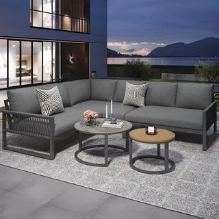 ModernLuxe Garten-Lounge-Set Outdoor-Sofa für 6-7 Personen – Ecksofa mit Eisengestell, Beine, 2 Couchtische mit Marmor- und Holzoberflächen, inklusive Sitz- und Rückenkissen – Grau
