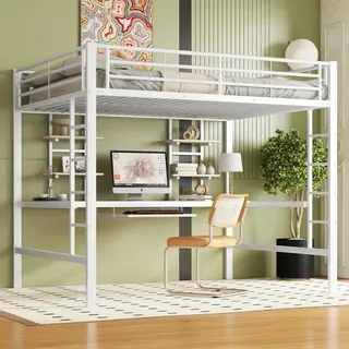 Merax Hochbett 140x200 cm, Bettgestell Metallbett mit Schreibtisch und Bücherregalen, Stabiler Eisenrahmen, Platzsparendes Hochbett für Kinder, Jugendliche und Erwachsene, Weiß