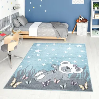 carpet city Teppich Kinderzimmer Teddy-Bär - Blau, Grau - 160x230 cm - Kinderteppich Kurzflor mit Sternen, Schmetterlingen - Weicher Flor