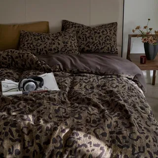 Freyamy Leopard Bettwäsche 220x240 Braun Leoparden Aesthetic Bettwäsche Set | Vintage Bettwäsche mit Leopardenmuster, Microfaser ÖKO-TEX Bettbezug mit Reißverschluss und 2 Kissenbezug 80x80cm