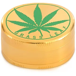 3-teiliger Premium Grinder mit Pollen Schaber | Material: Aluminium | Kräutermühle für Gewürze und andere Pflanzen. (Grinder Gold mit Pflanzenblatt) Ø 50mm Durchmesser Metall Goldfarben mit Hanfblatt